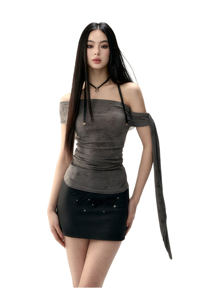 Mesh Asymmetric Shoulder Tie Sleeveless T-shirt