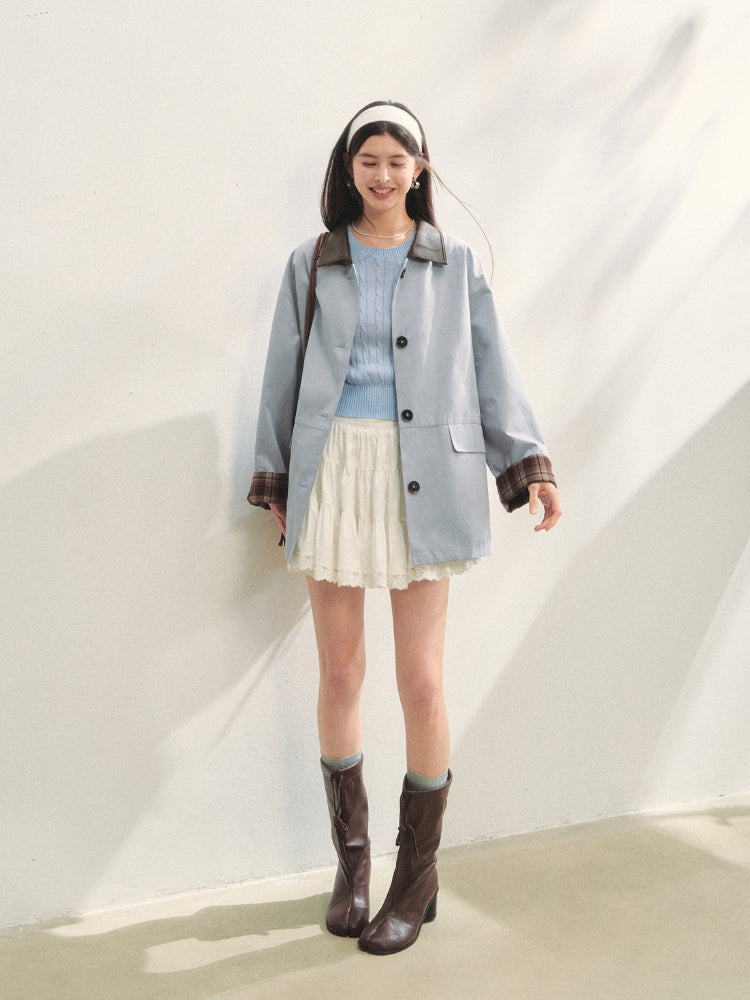 Plaid Patchwork Color-Block Trench Coat - CHINASQUAD