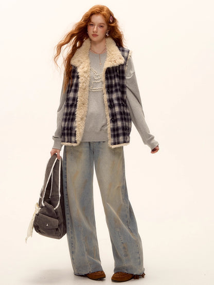 Reversible Plaid Fleece Button-Up Vest