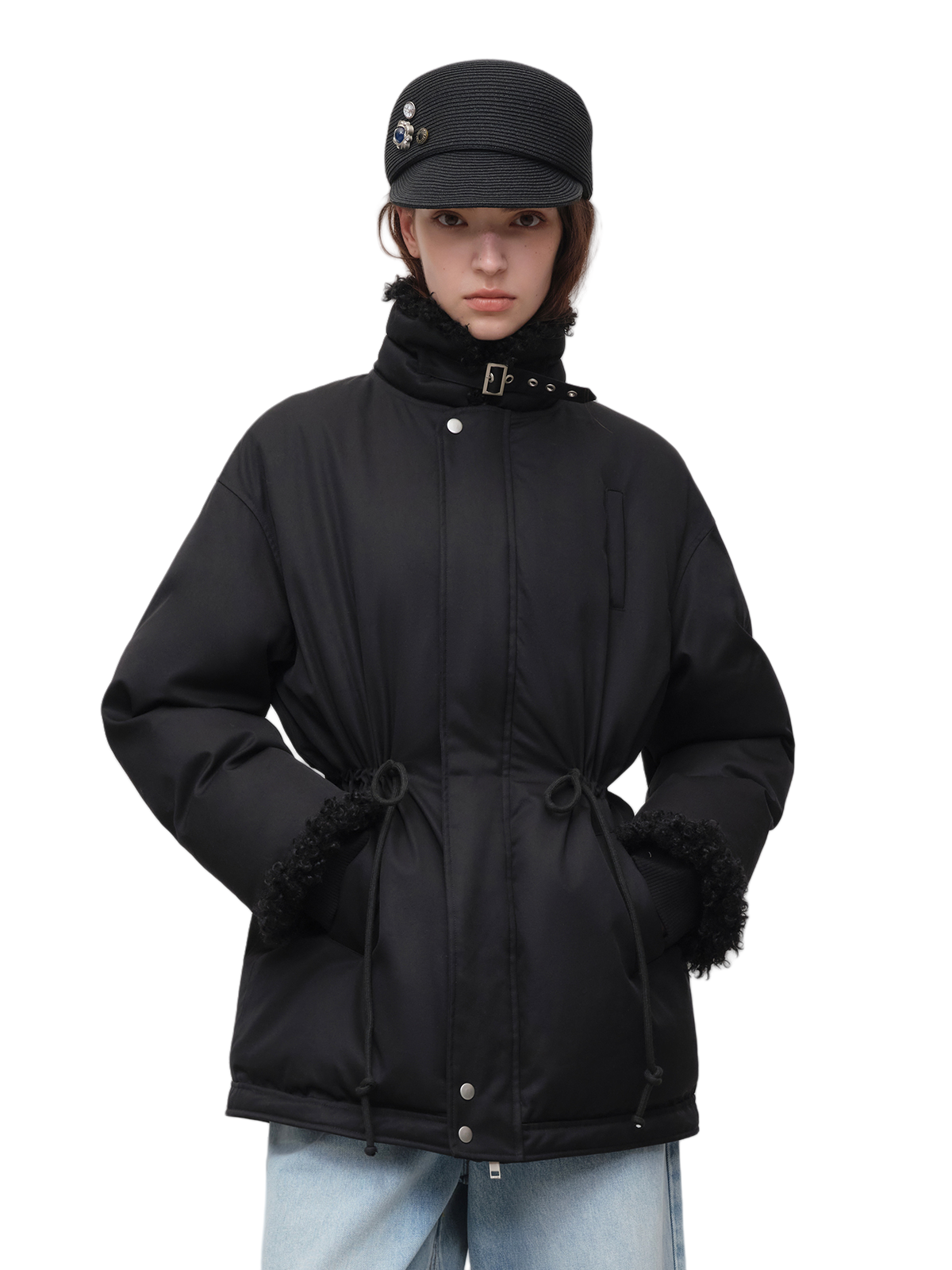 Black Longline Fleece Collar Windbreaker