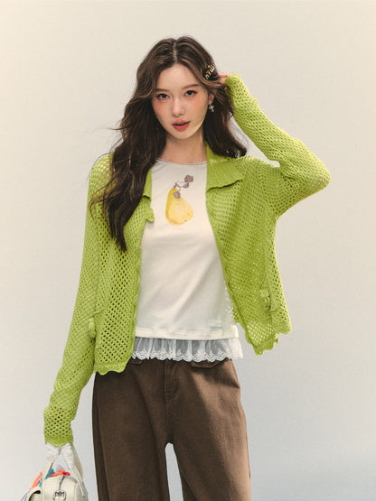 Hollow-out 3D Flower Crochet Lapel Cardigan - CHINASQUAD