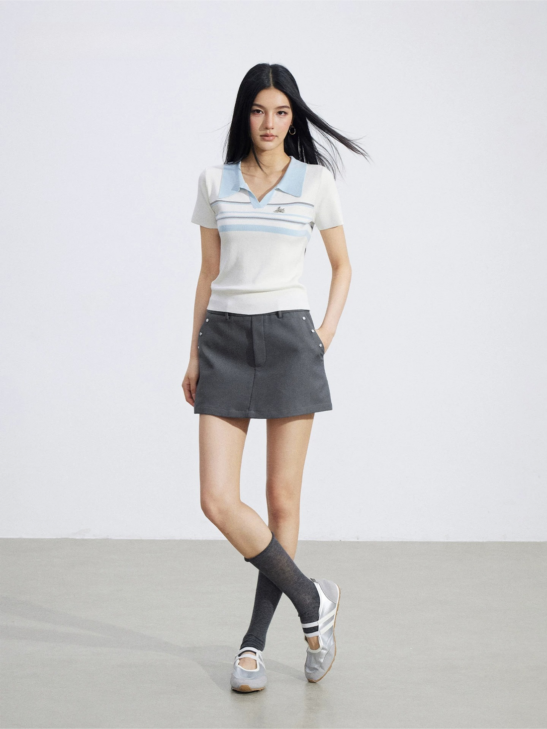 Striped Contrast Collar Ice Silk Polo Top