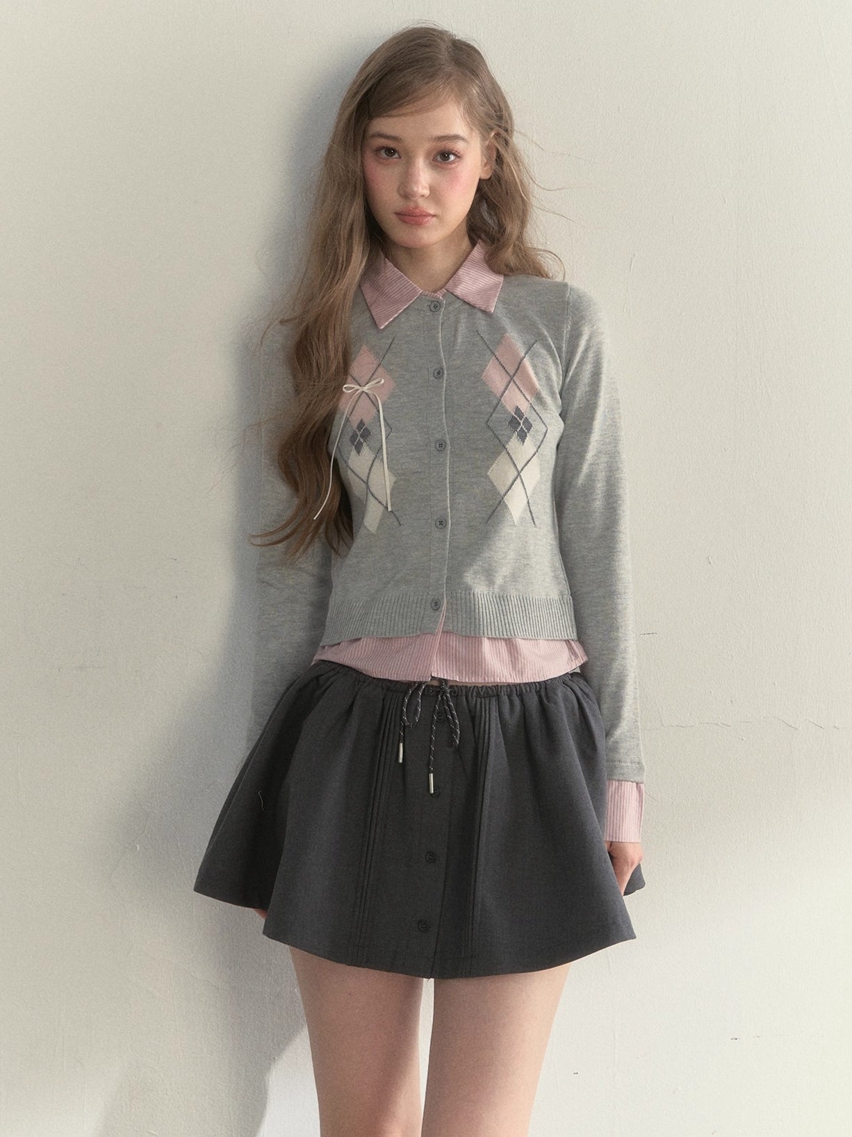Layered Argyle Shirt Collar Knit Cardigan