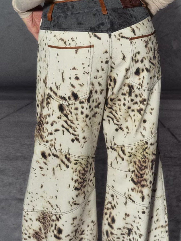 American Leopard Print Wide-Leg Denim Pants