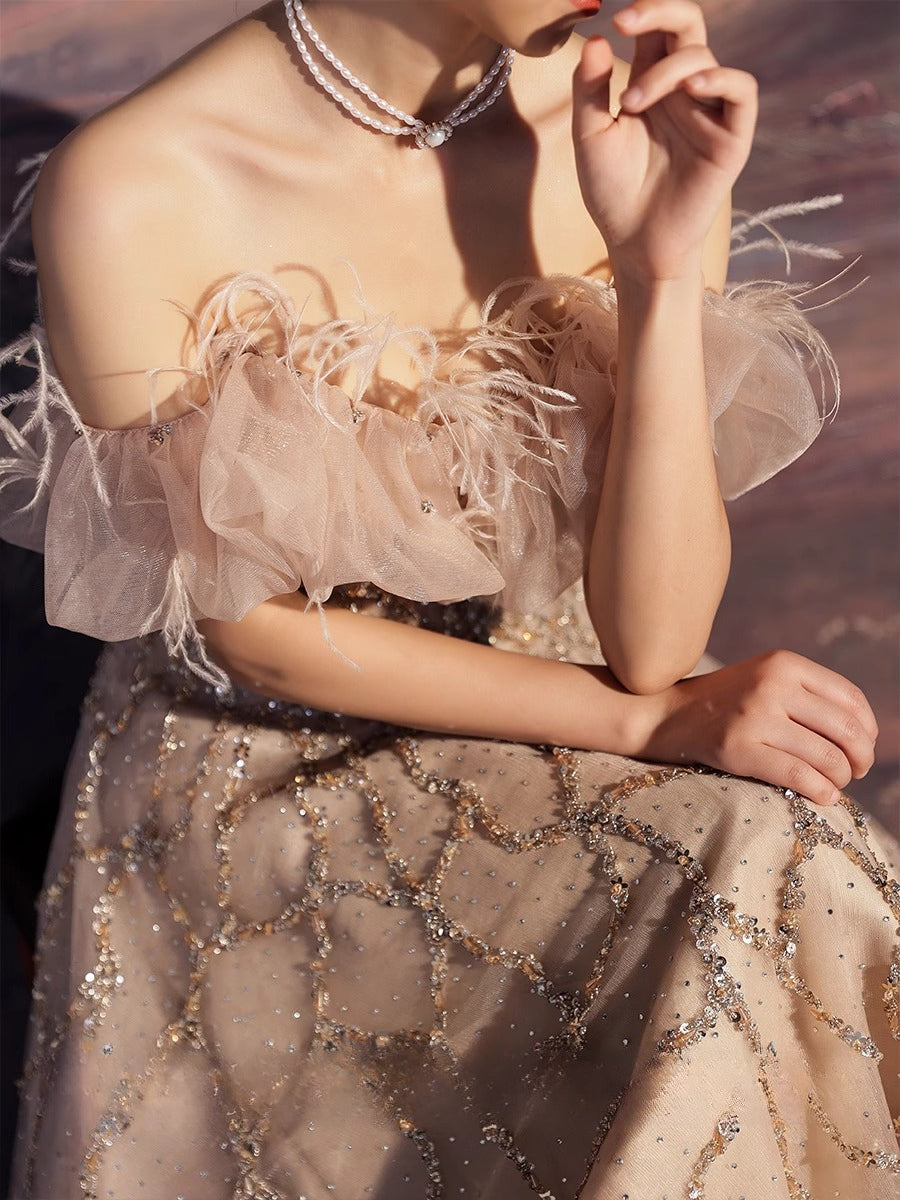 Feathered Scarlet Embellished Off-Shoulder Gown