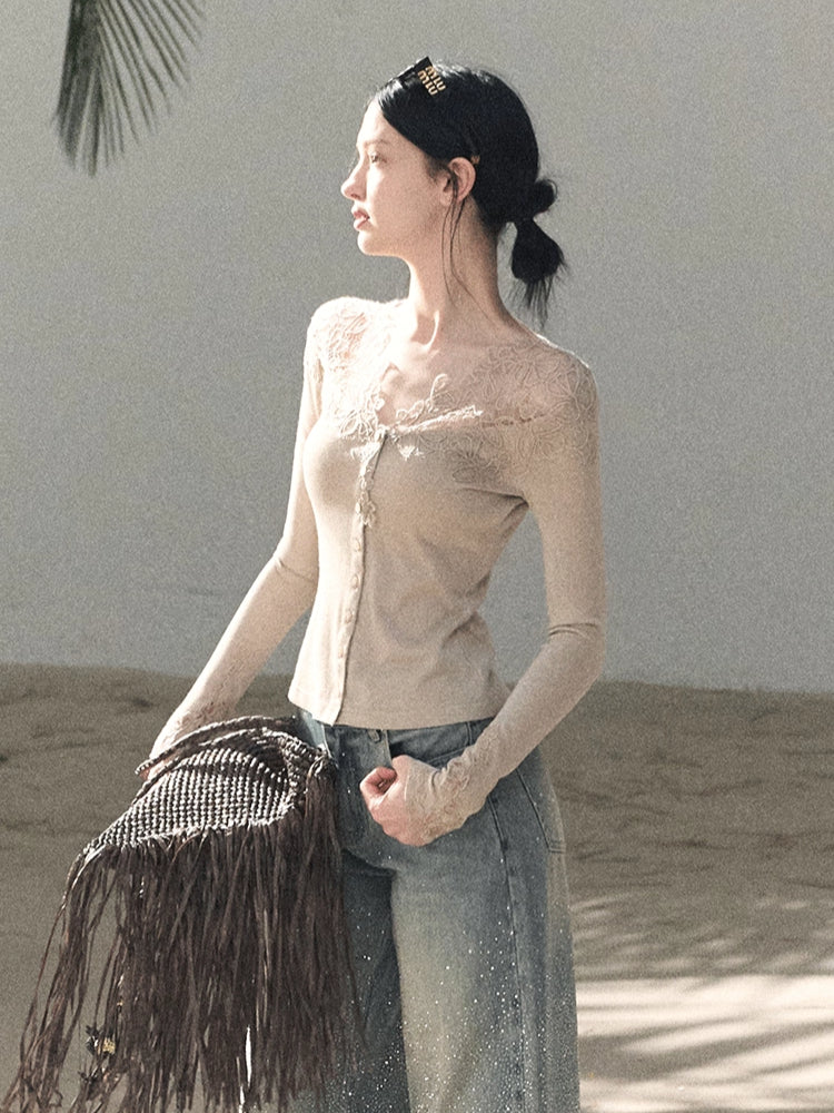 Sculpted Lace-Trim V-Neck Fitted Knit Cardigan