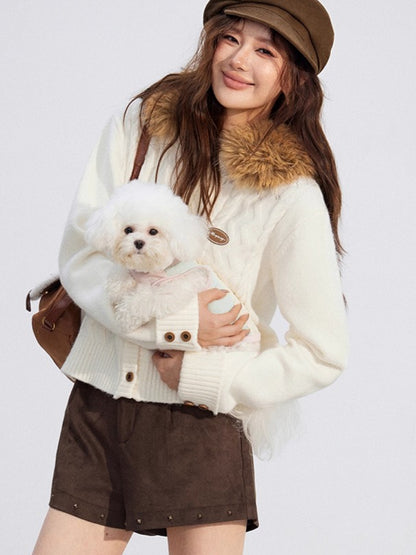 Detachable-Fur Cable-Knit Hoodie