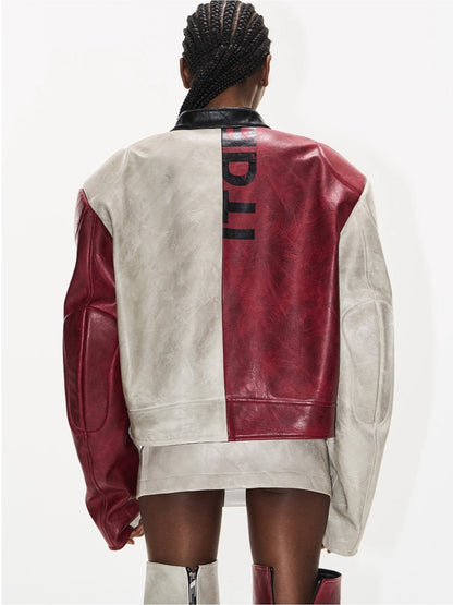 Distressed Contrast Leather Sports Jacket