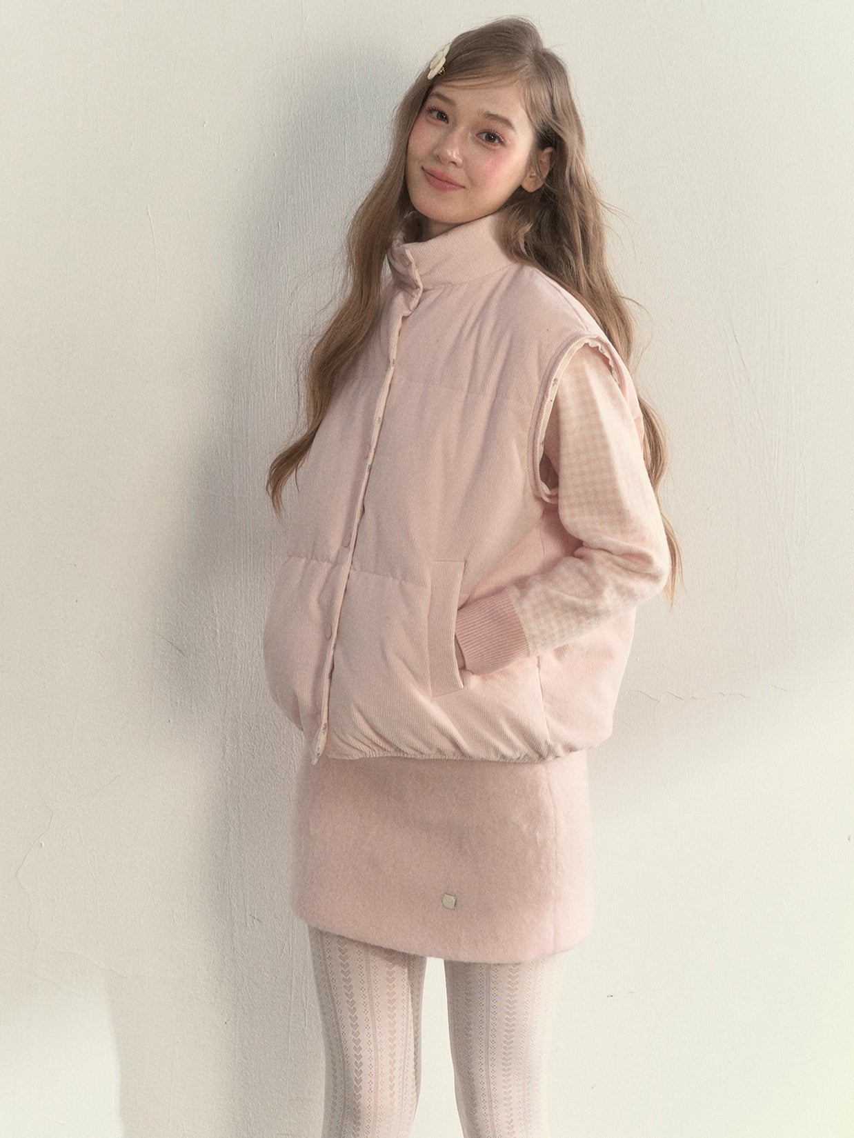 Pink Detachable-Sleeve Corduroy Floral Reversible Jacket