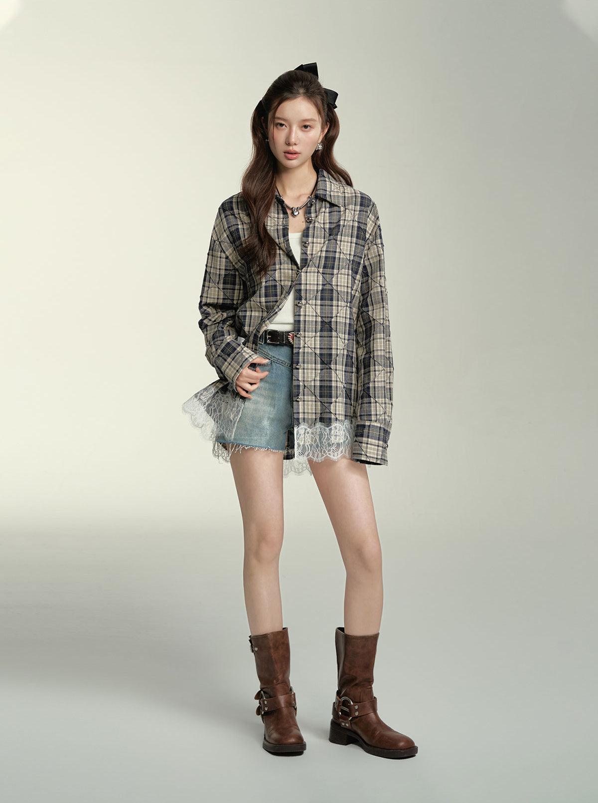 Lace Spliced Plaid Shirt - CHINASQUAD