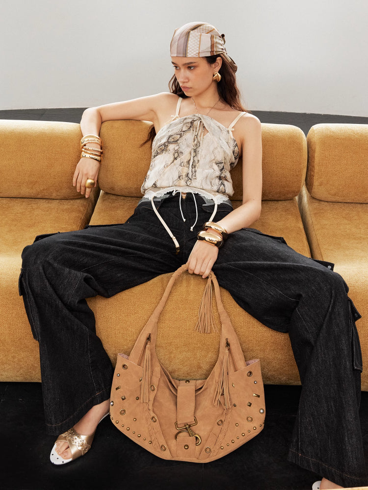 Pearl-Studded Pleated Ruffle Rivet Bag