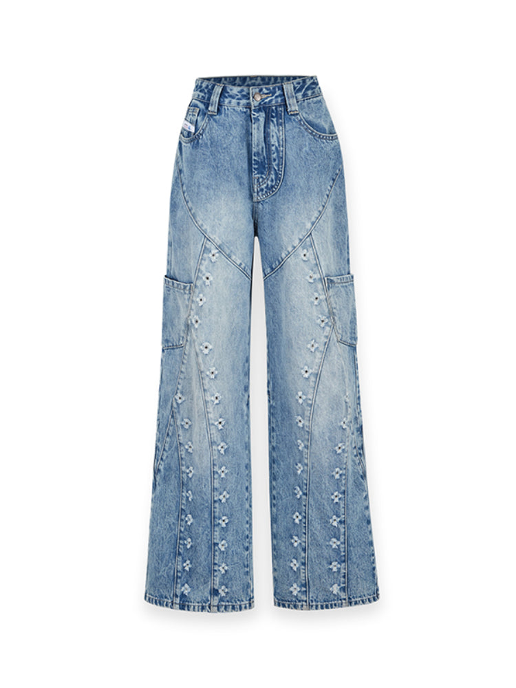 Distressed Wash Straight Jeans