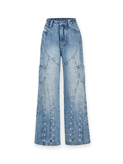 Distressed Wash Straight Jeans