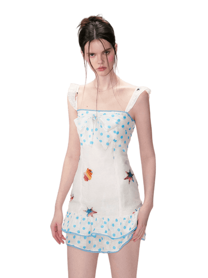 Vintage Contrast Print Flutter Strap Mini Dress