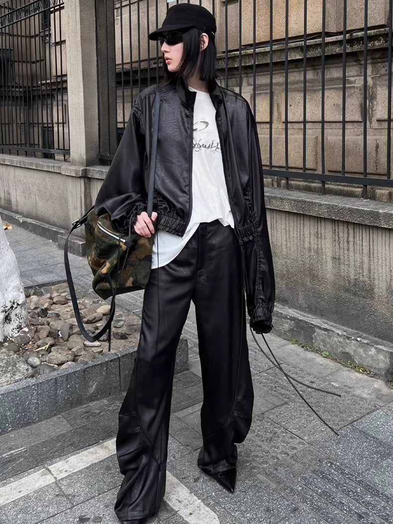 Draped Satin Pleated Wide-Leg Trousers