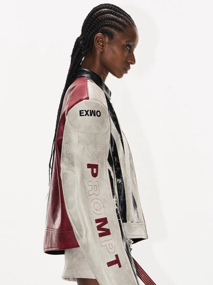 Distressed Contrast Leather Sports Jacket