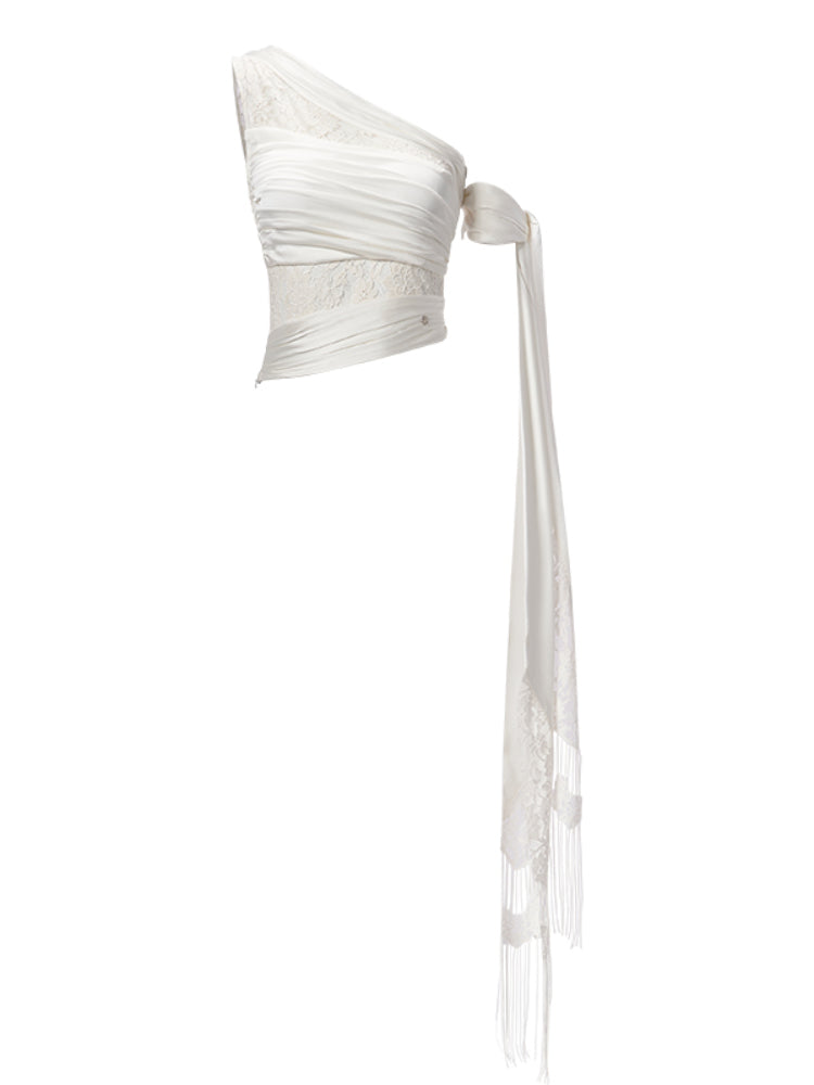 Lace-Paneled Off-Shoulder Spaghetti Strap Crop Top