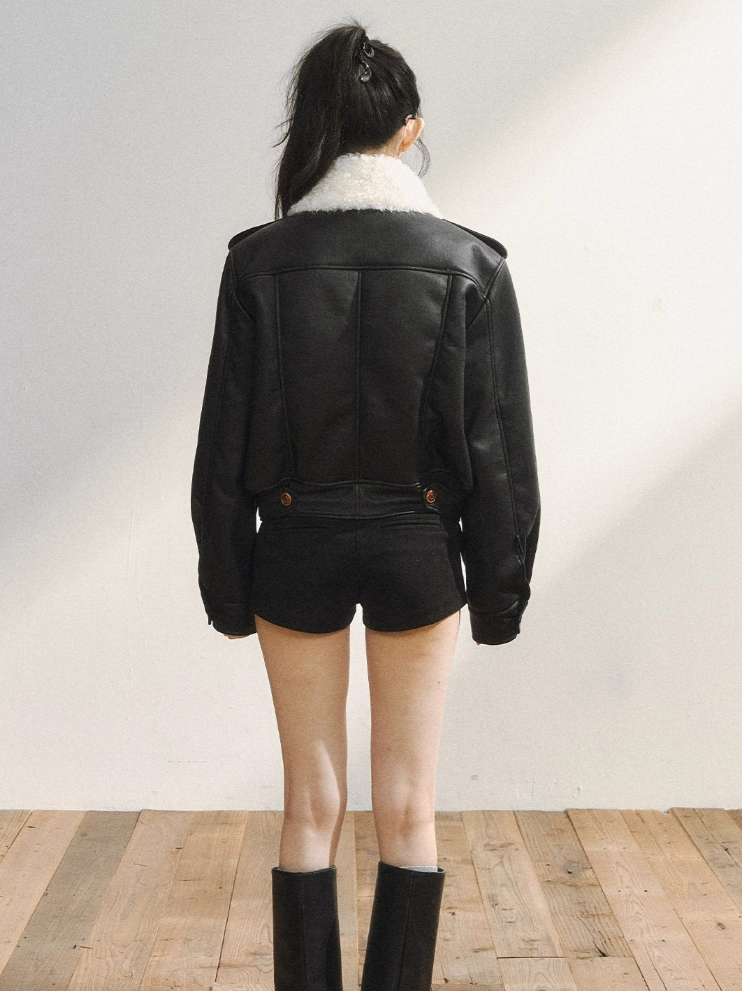 Black Faux Shearling Double-Breasted Leather Jacket