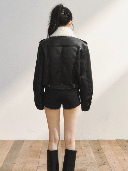 Black Faux Shearling Double-Breasted Leather Jacket