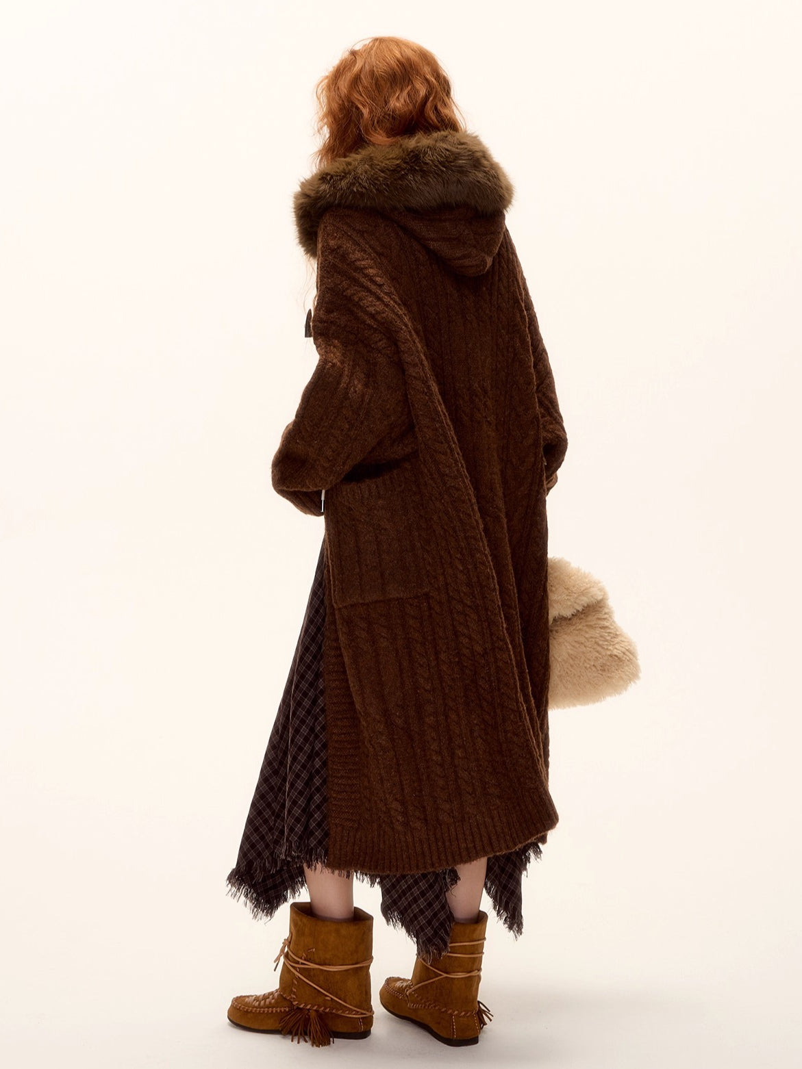 Detachable Fur Collar Cable-Knit Duffle Coat