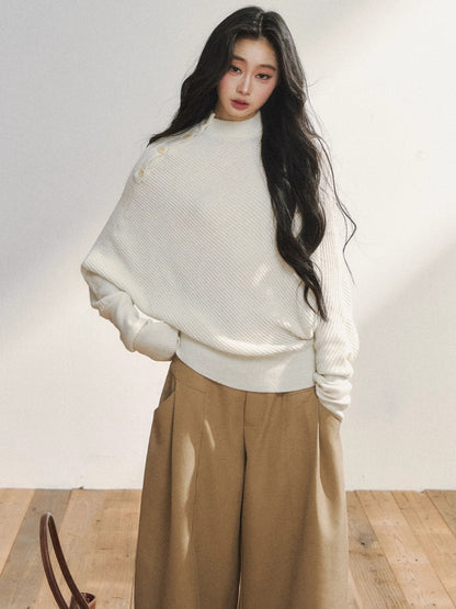 Asymmetric Buttoned White Knit Sweater