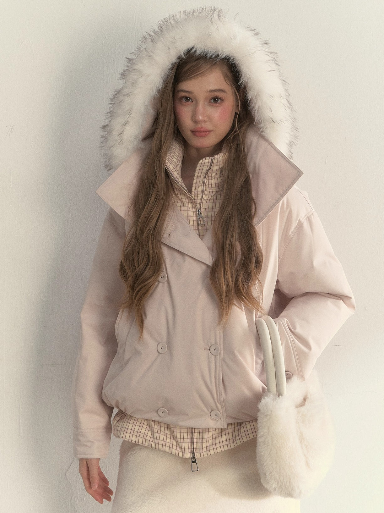 Khaki &amp; Pink Double-Breasted Layered Down Jacket