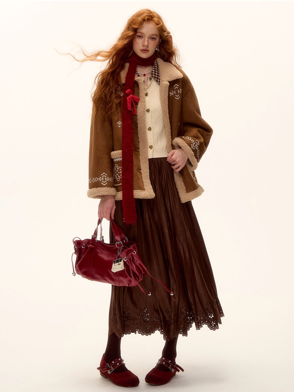 Heavy Embroidered Faux Shearling Suede Jacket