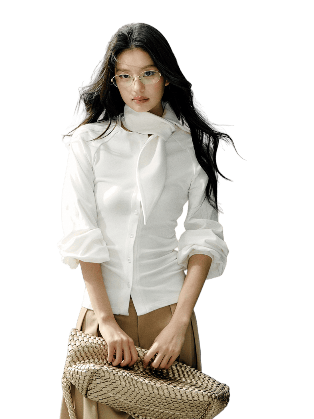 Scarf Collar Fitted Knit Long Sleeve Shirt