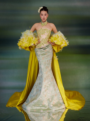 Embroidered Mermaid Gown with Detachable Floral Cape