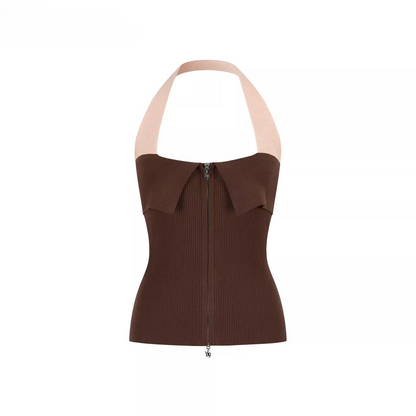 Contrast Halter Zip-Up Knit Tank Top