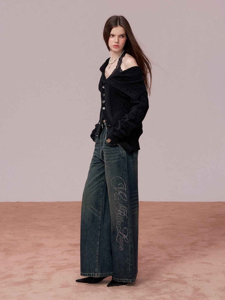 Embellished Rhinestone Vintage Wide-Leg Jeans