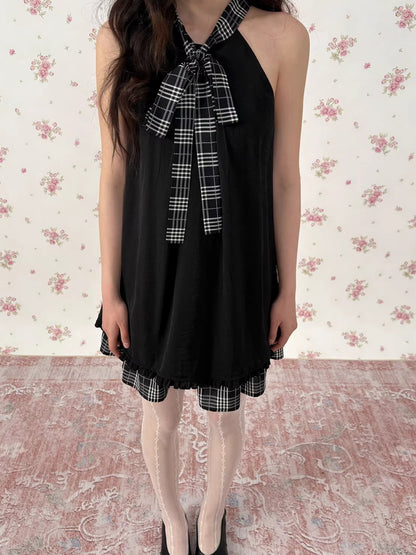 Vintage Plaid Halter Ruffle Dress