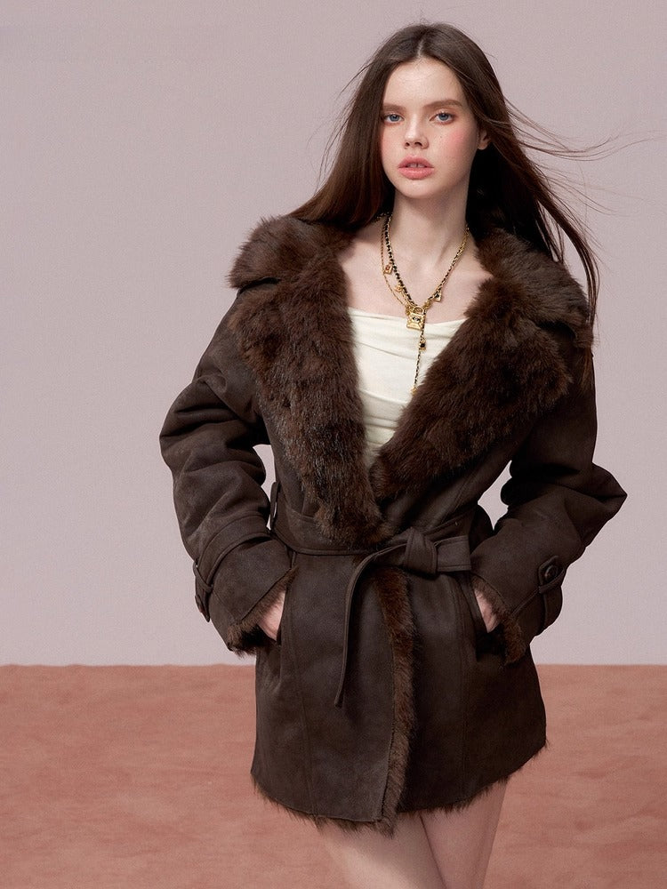 Faux Shearling-Lined PU Belted Coat