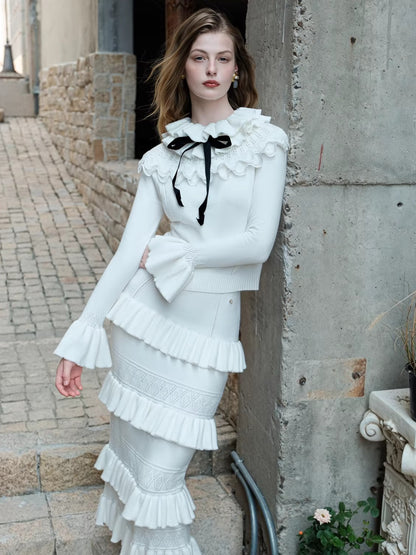 Lace Ruffle Knit Top &amp; Midi Skirt Two-Piece Set