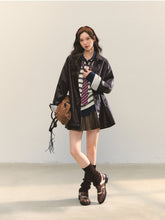 Black H-shaped Cuff Checkered Spliced Leather Jacket - CHINASQUAD