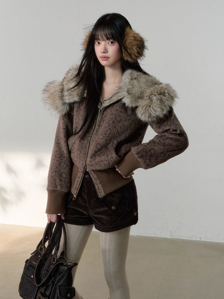 Vintage Leopard Print Faux Fur Hooded Jacket