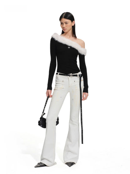 Sculpted Off-Shoulder Wool Blend Crewneck