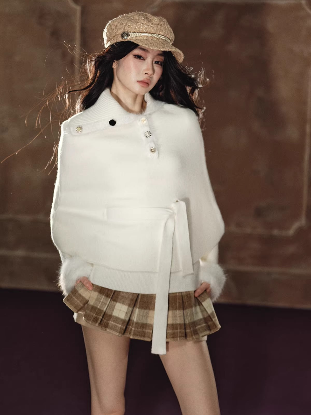 Faux Fur Base Top &amp; Waist-Cinching Cape Knit Set