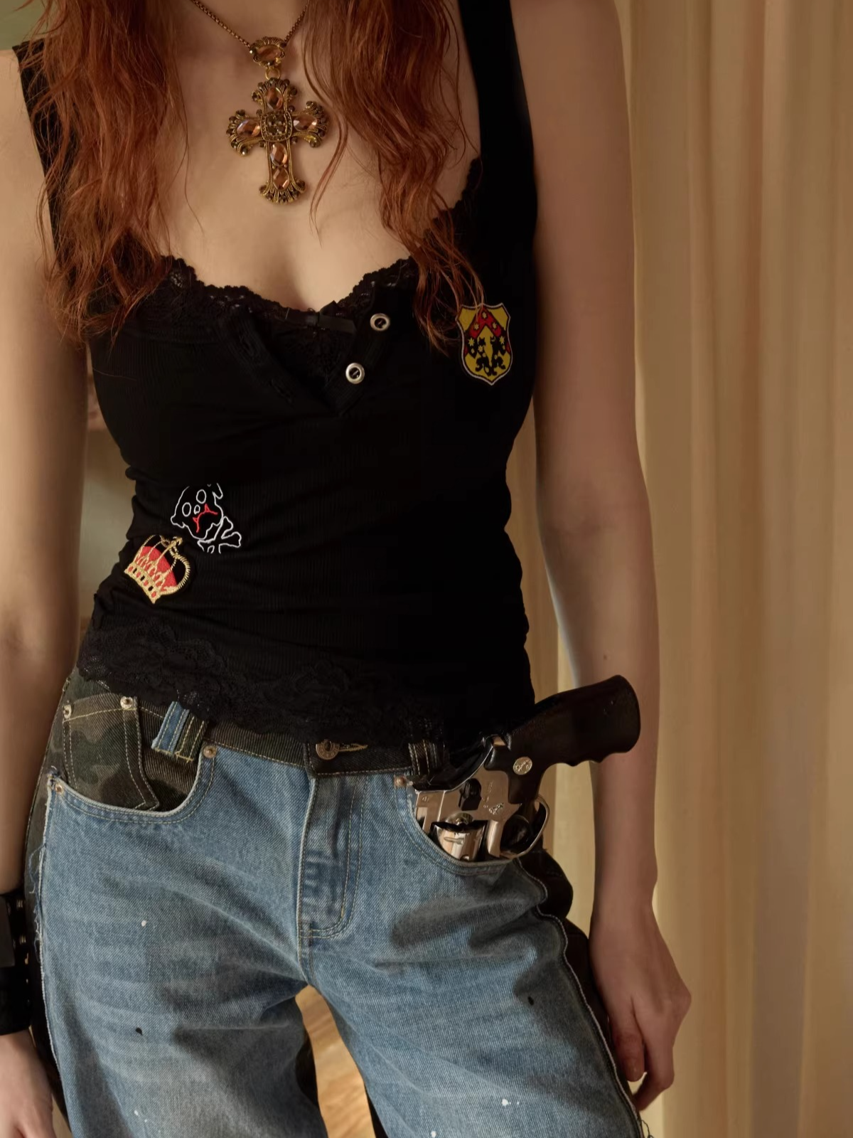 Layered Lace Patch Slim Knit Tank