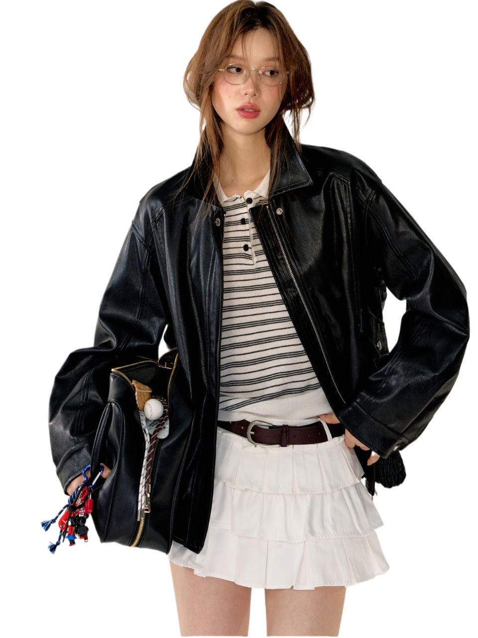 Black Turn-Down Collar Leather Jacket