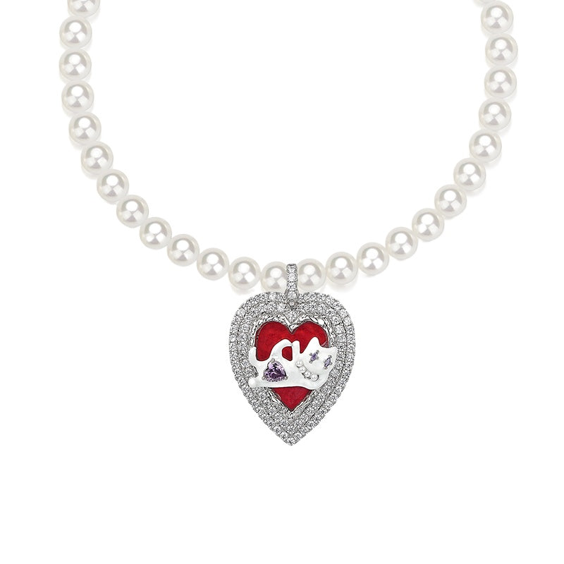 Cat Heart Enamel Pearl Necklace