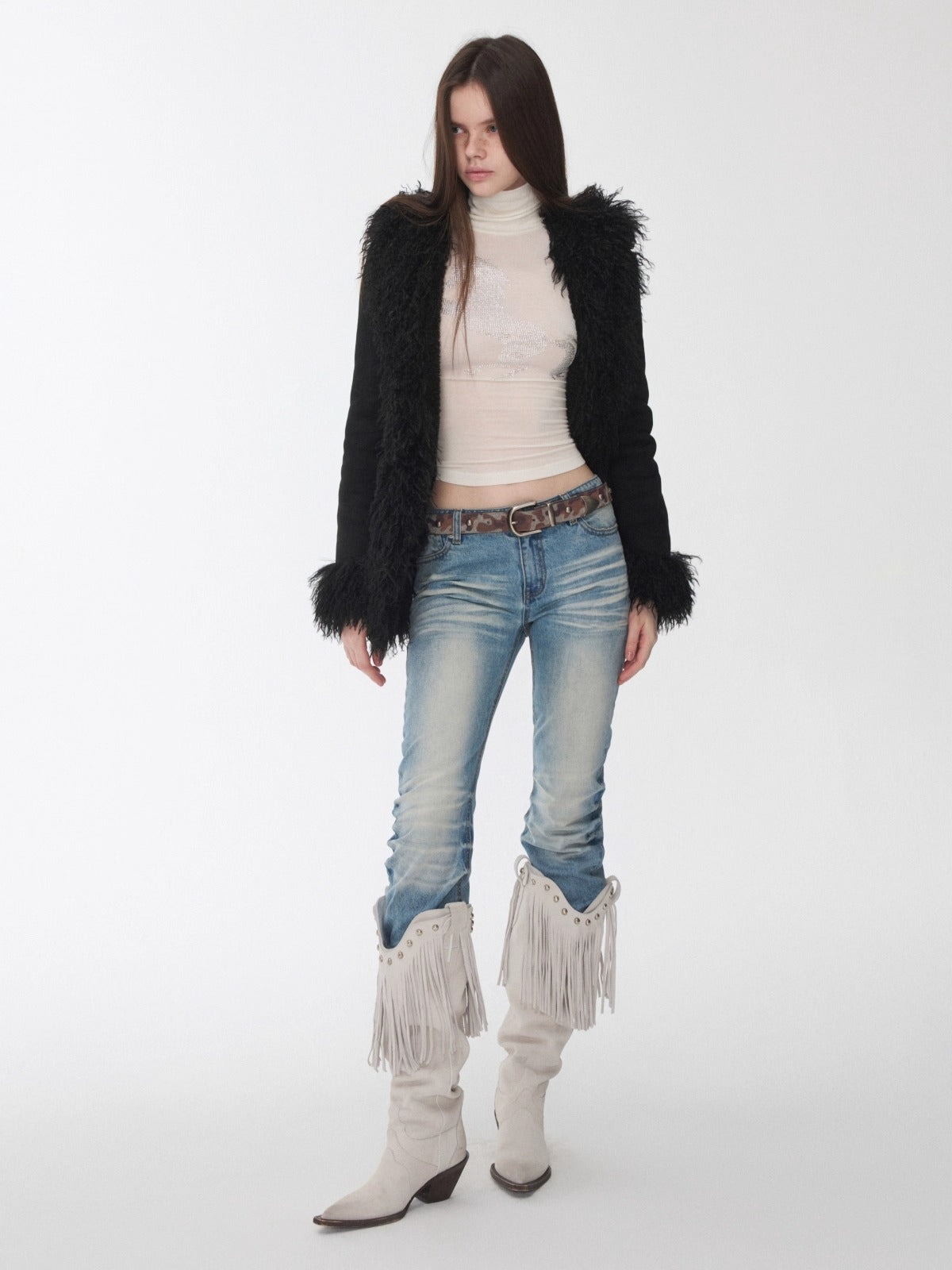 Suede Shearling Embroidered Panel Jacket