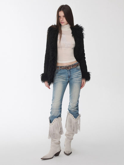 Suede Shearling Embroidered Panel Jacket