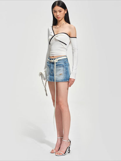 Sculpted Twist Asymmetric Off-Shoulder Knit Crewneck