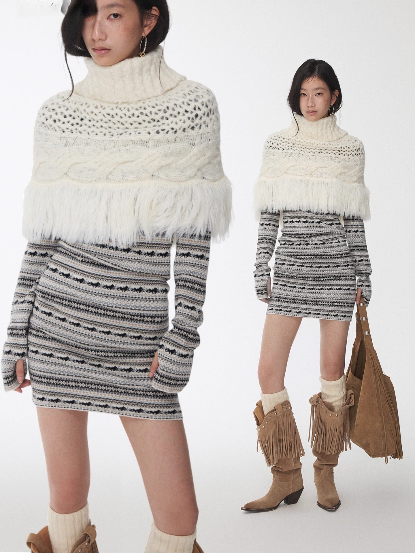 Cable Knit Fringed High-Neck Wool Blend Poncho