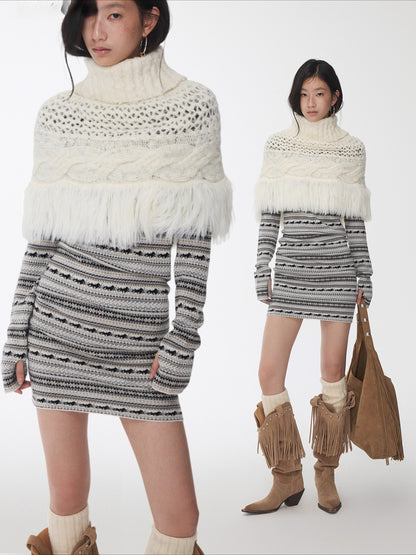 Cable Knit Fringed High-Neck Wool Blend Poncho