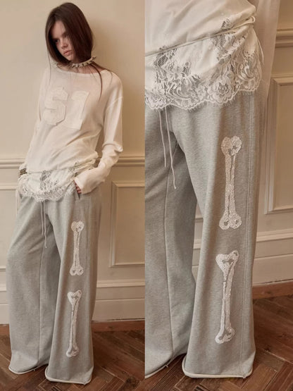 Lace-Hem Drawstring Long-Sleeve T-Shirt