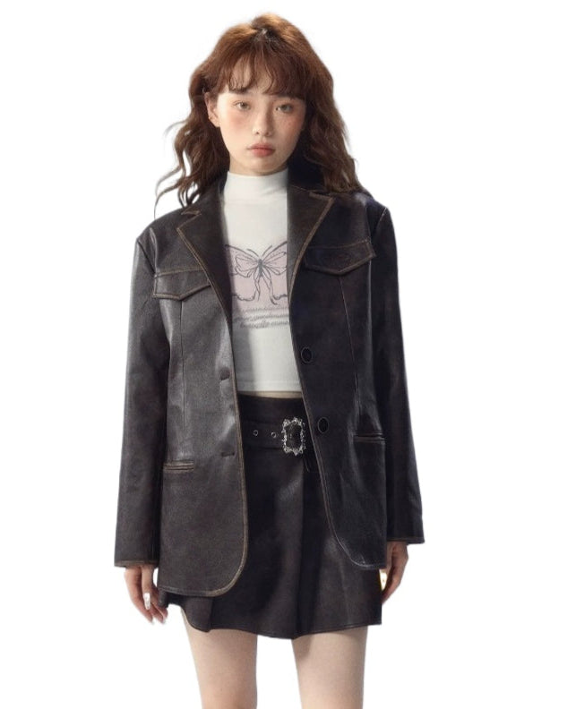 Vintage Brown Embroidered Leather Jacket &amp; Skirt Set - CHINASQUAD