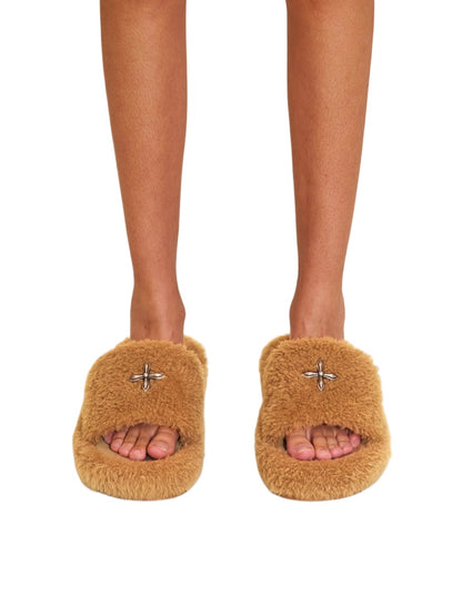 Compass Shearling Slide Sculpted Cross Emblem Sandals