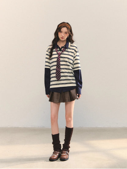 Coffee A-Line Belted Pleated Leather Skirt